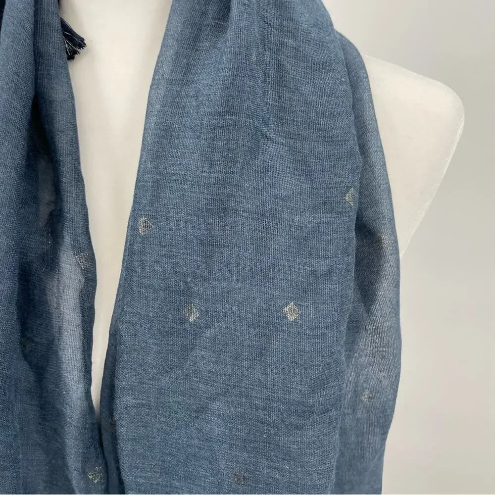 NEW Maurices Blue Tassel Sheer Scarf Diamond Print Boho Festival Hippie Casual